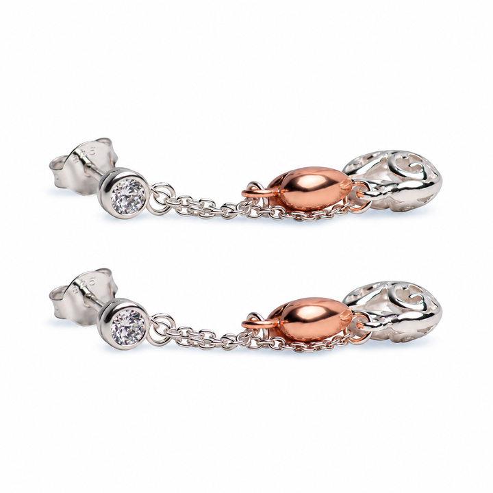 1.41 Inch Two-Tone Double Heart Dangle Earrings with Diamond Simulants