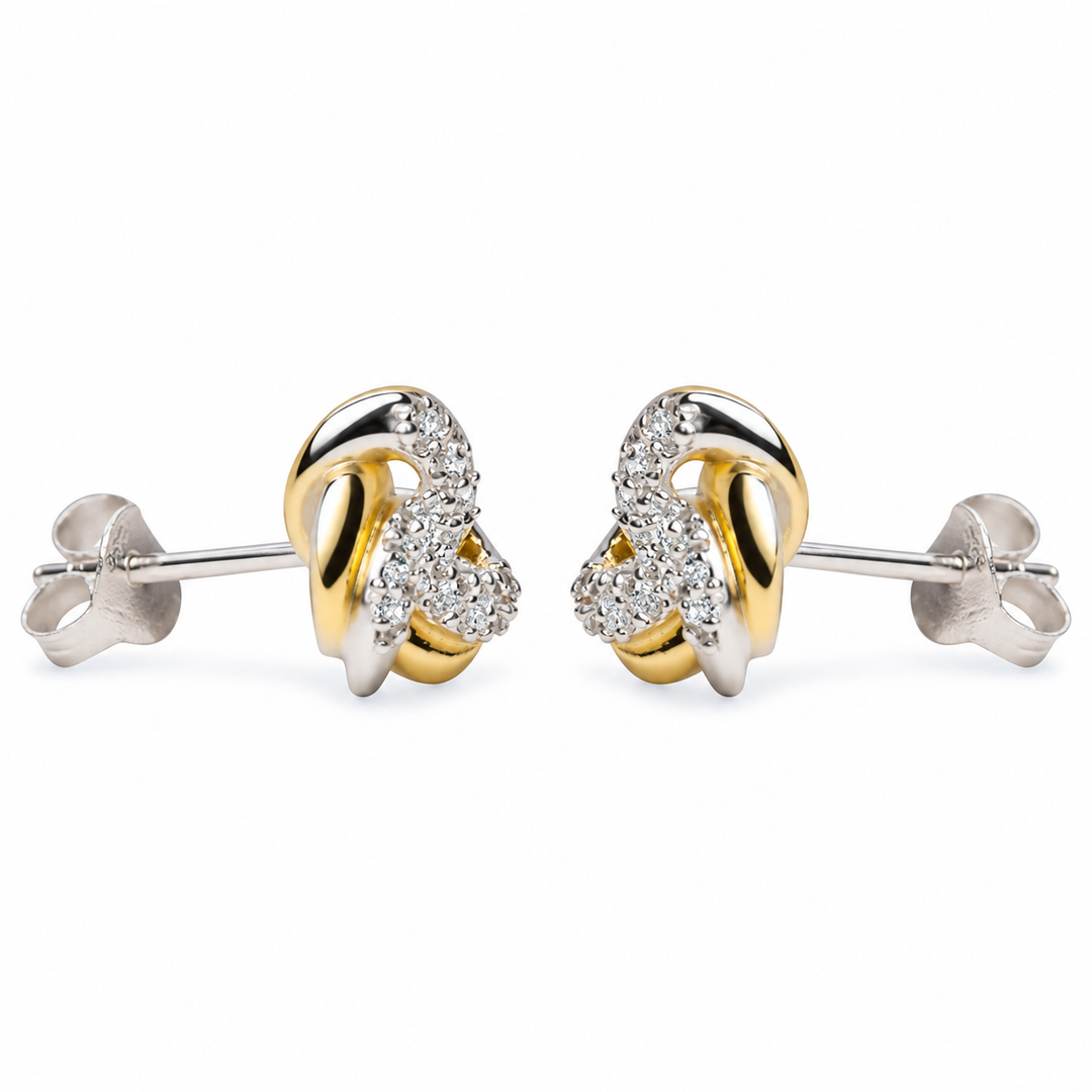 0.37 Inch Diamond Simulant Love Knot Stud Earrings in 14K Yellow Gold Over Sterling Silver