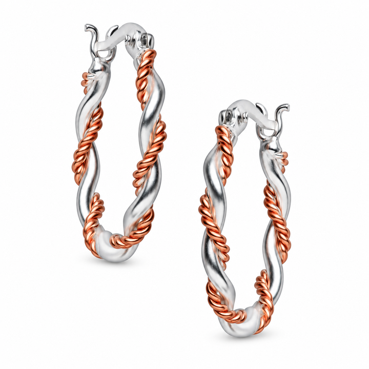 Two-Tone Sterling Silver & 14K Rose Gold Twist Hoop Earrings – 0.86 Inch