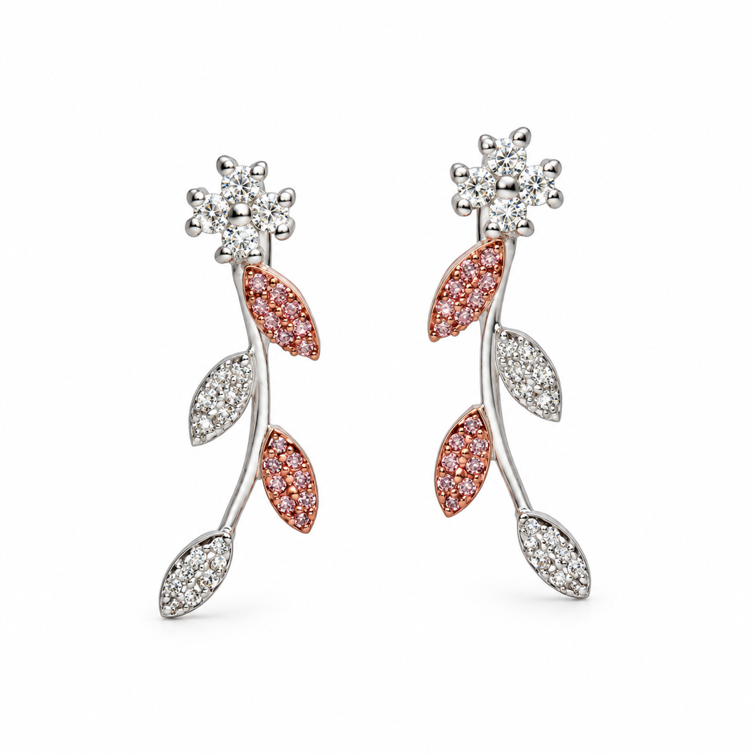 Two-Tone Floral Vine Diamond Simulant Drop Earrings in Sterling Silver and 14K Rose Gold
