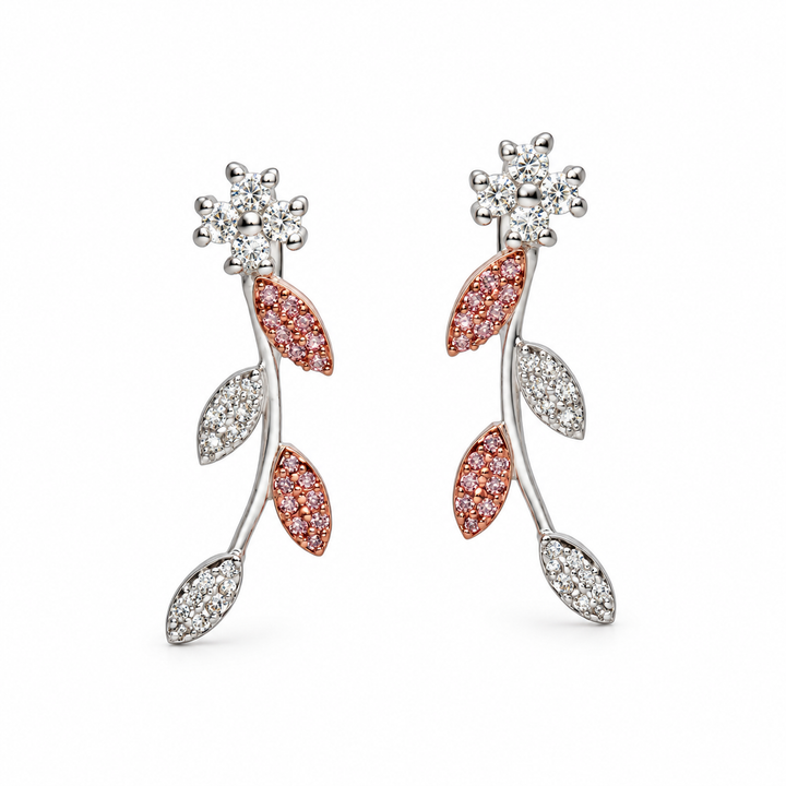 Two-Tone Floral Vine Diamond Simulant Drop Earrings in Sterling Silver and 14K Rose Gold