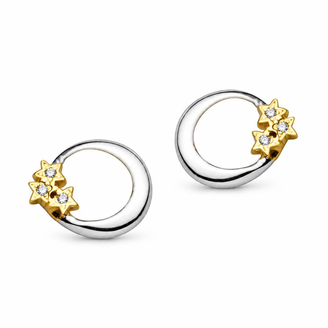 Two-Tone Sterling Silver Crescent Moon and 14K Yellow Gold Star Stud Earrings with Cubic Zirconia – Celestial Push-Back Earrings