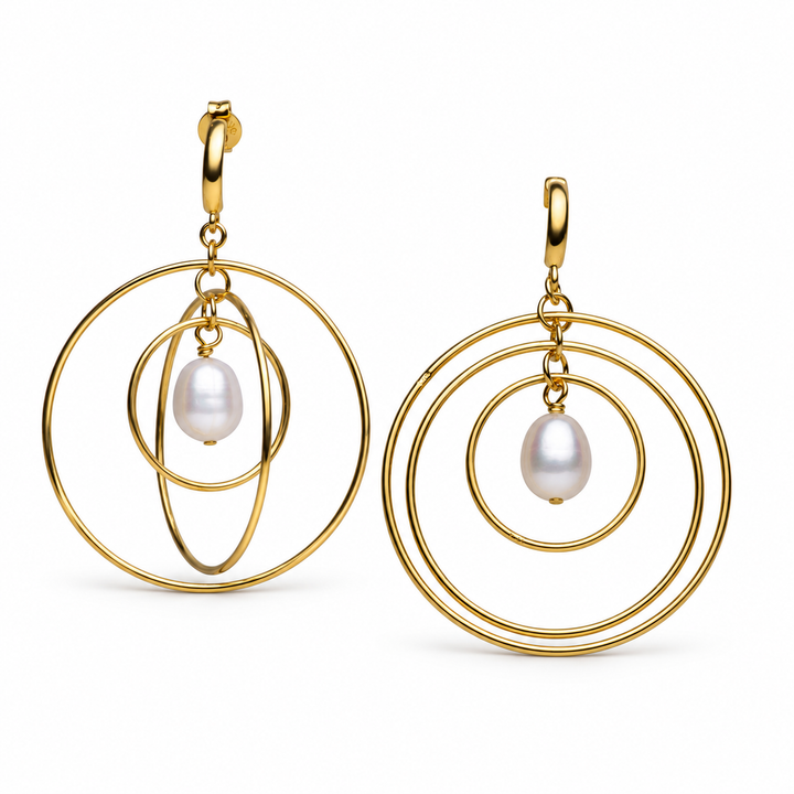 Three-Dimensional Rotating Ring Pearl Drop Earrings – 2 Inch Orbital Dangle Earrings