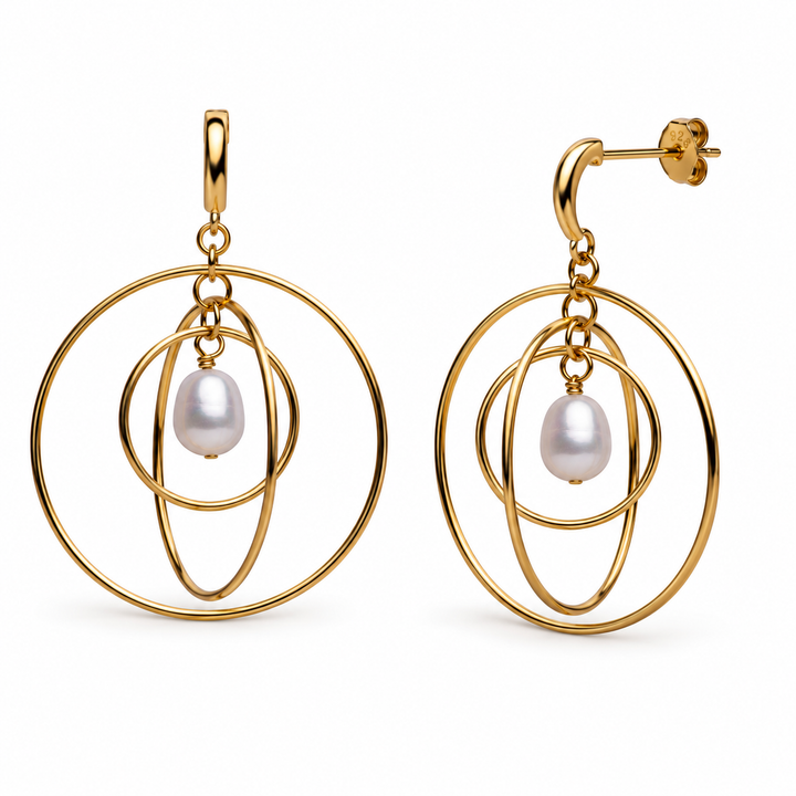 Three-Dimensional Rotating Ring Pearl Drop Earrings – 2 Inch Orbital Dangle Earrings