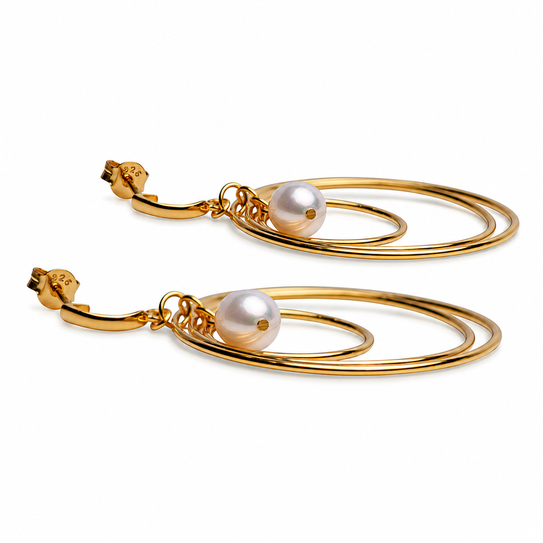 Three-Dimensional Rotating Ring Pearl Drop Earrings – 2 Inch Orbital Dangle Earrings