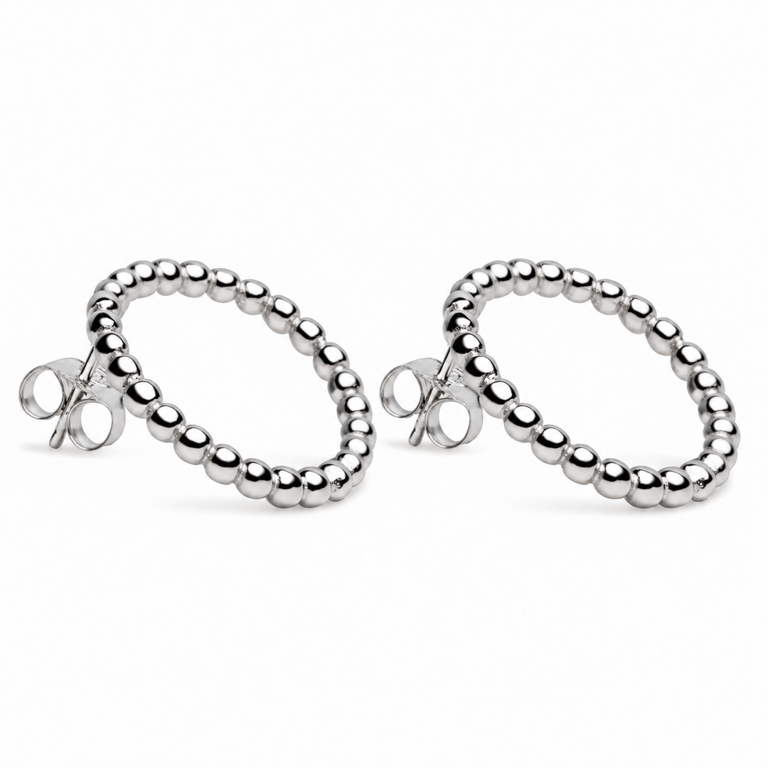 Sterling Silver Beaded Circle Stud Earrings with Geometric Ball Design – 0.8 Inch