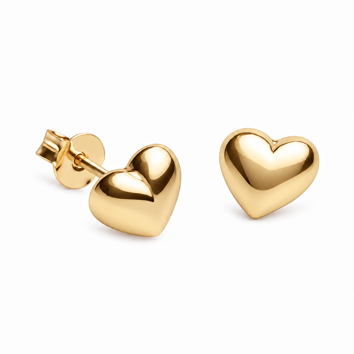 8 mm 14K Yellow Gold Over Sterling Silver Heart Stud Earrings – High-Polish Classic Hearts with Push-Back Closures