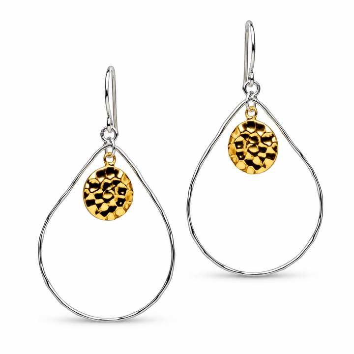 14K Gold Over Sterling Silver Hammered Disc Teardrop Dangle Earrings – Two-Tone Fishhook Earrings, 1.78-Inch Drop