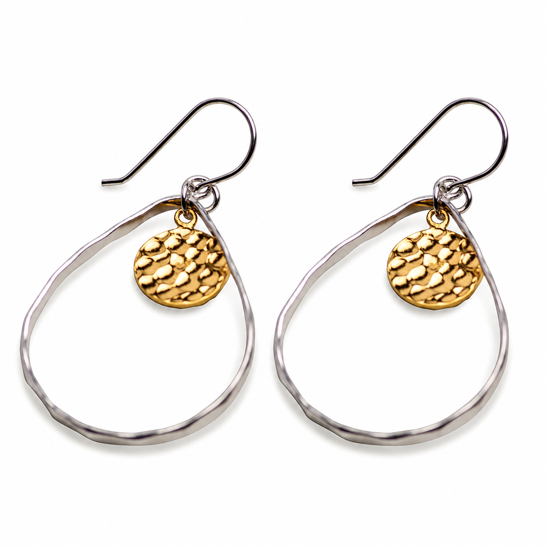 14K Gold Over Sterling Silver Hammered Disc Teardrop Dangle Earrings – Two-Tone Fishhook Earrings, 1.78-Inch Drop