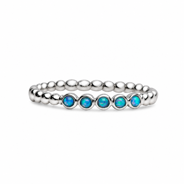 Five-Stone Created Opal Beaded Stackable Ring in High-Polish Sterling Silver – Delicate Blue Opal Band