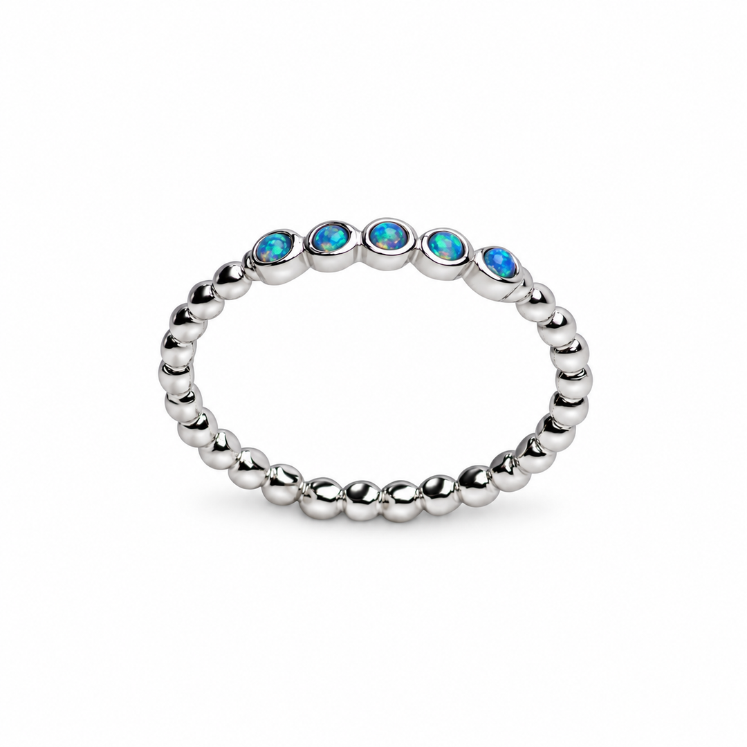 Five-Stone Created Opal Beaded Stackable Ring in High-Polish Sterling Silver – Delicate Blue Opal Band