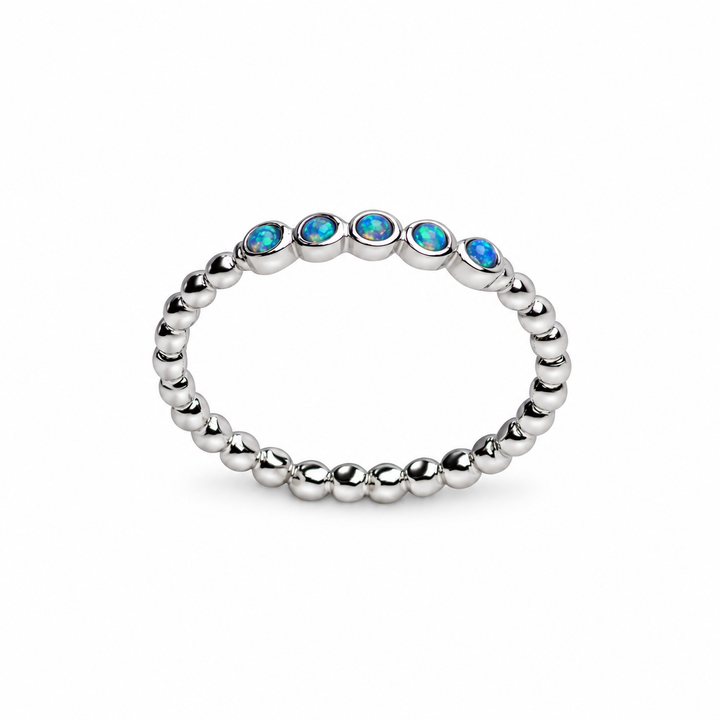 Five-Stone Created Opal Beaded Stackable Ring in High-Polish Sterling Silver – Delicate Blue Opal Band