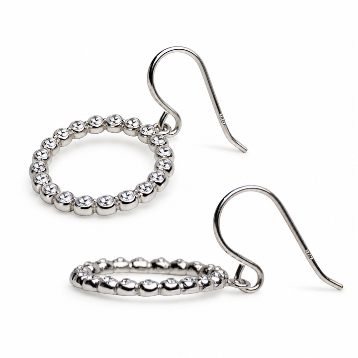 Sterling Silver Circular Dangle Earrings with 42 Cubic Zirconia Stones – High-Polish Geometric Fishhook Earrings, 1.15-Inch Drop