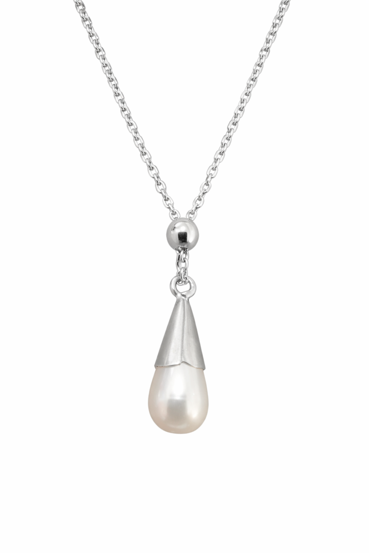 Elegant Synthetic Pearl Drop Necklace – 15½ Inch Silver Chain Teardrop Pendant
