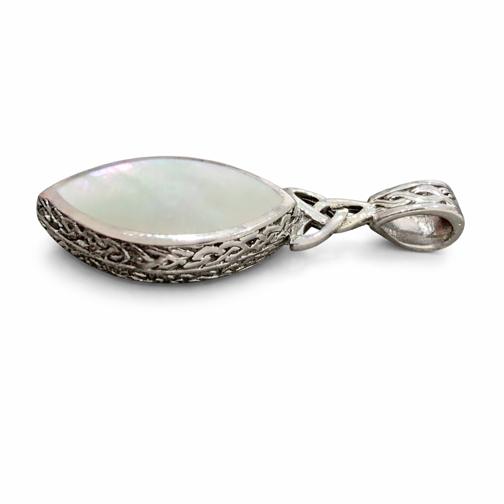 Reversible Mother of Pearl & Black Onyx Sterling Silver Pendant – 1.65” Celtic Design Necklace Charm