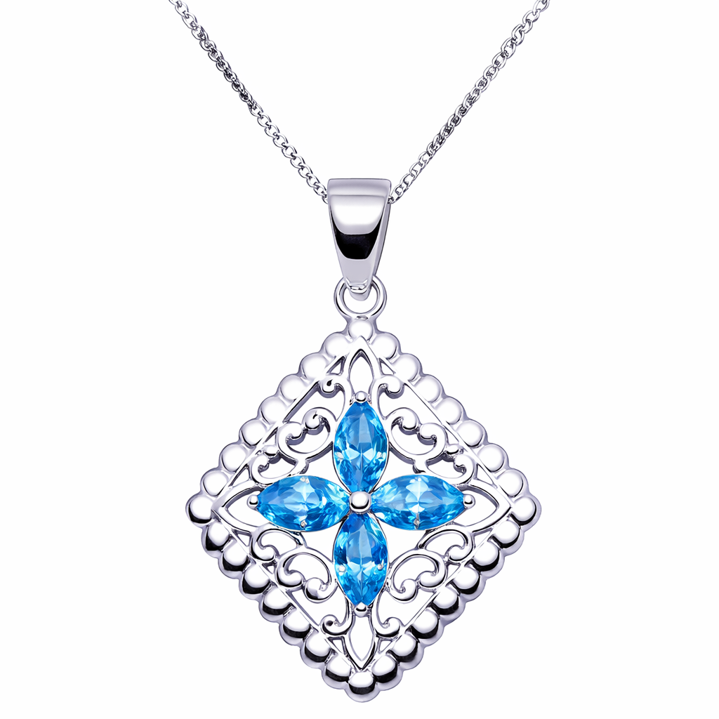Sterling Silver Sky Blue Topaz Filigree Pendant Necklace – Four Marquise Stones