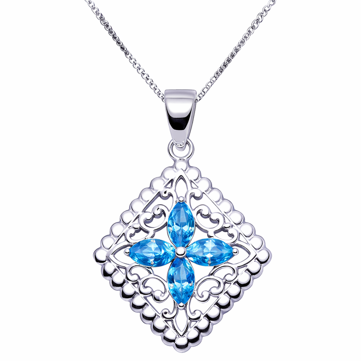 Sterling Silver Sky Blue Topaz Filigree Pendant Necklace – Four Marquise Stones