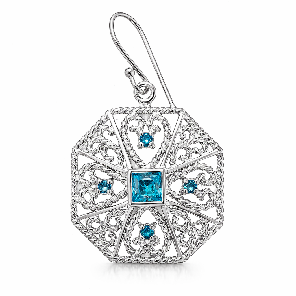 Sterling Silver Blue Topaz Filigree Earrings – 5 mm Center Stone with 2 mm Accents – 1 Inch Round Vintage Style Dangle Earrings