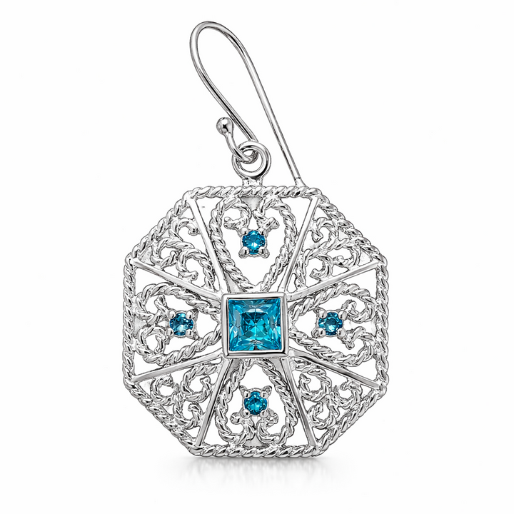 Sterling Silver Blue Topaz Filigree Earrings – 5 mm Center Stone with 2 mm Accents – 1 Inch Round Vintage Style Dangle Earrings