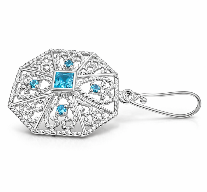 Sterling Silver Blue Topaz Filigree Earrings – 5 mm Center Stone with 2 mm Accents – 1 Inch Round Vintage Style Dangle Earrings
