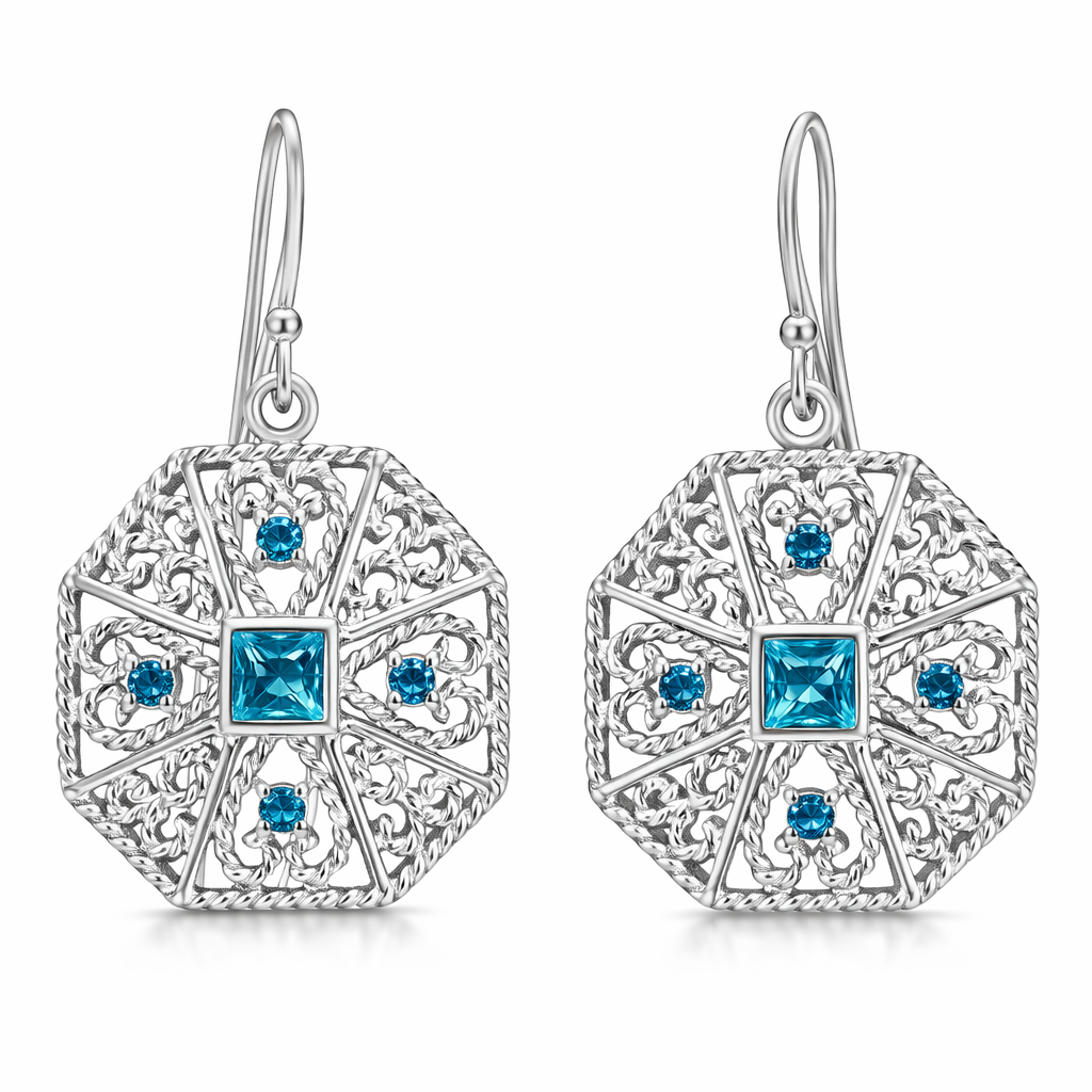 Sterling Silver Blue Topaz Filigree Earrings – 5 mm Center Stone with 2 mm Accents – 1 Inch Round Vintage Style Dangle Earrings