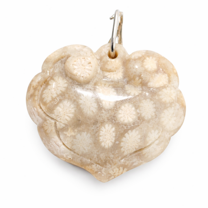Natural Fossil Coral Heart Pendant 1.25 Inch – Agatized Coral Flower Pattern Stone With Silver Bail