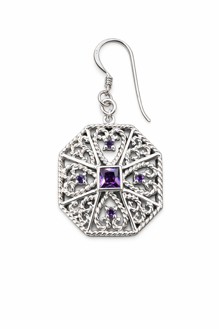 Sterling Silver Amethyst Filigree Drop Earrings – 6mm Square Center Stone with Accent Stones – 1 Inch Dangle – Vintage Style February Birthstone Jewelry