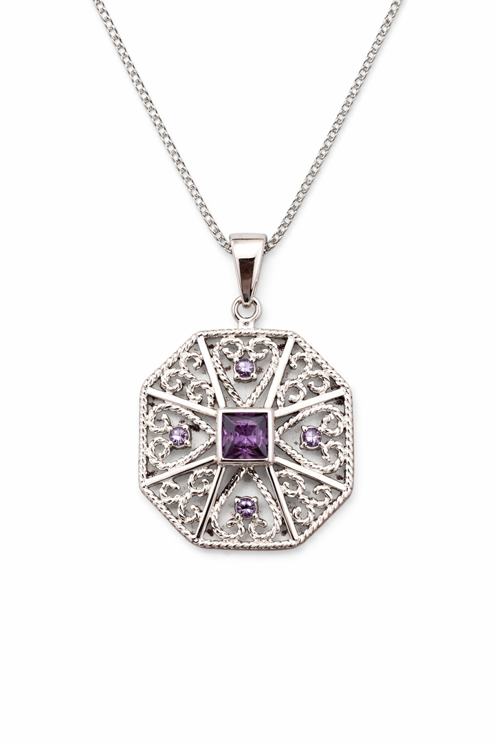 Sterling Silver Amethyst Filigree Pendant – 6mm Square Center & 1mm Accent Stones – 1 Inch Drop – Vintage Style Purple Gemstone Necklace