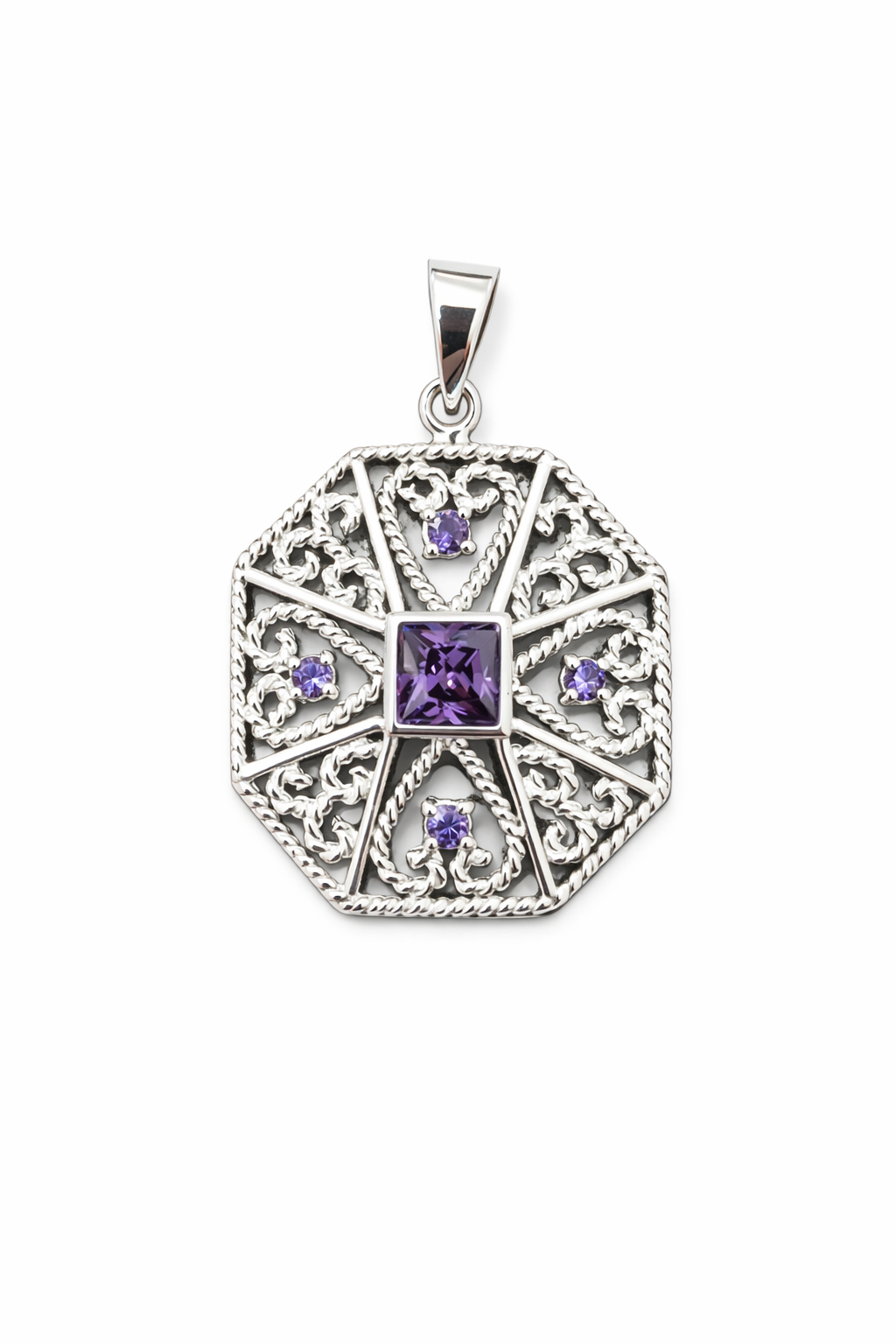 Sterling Silver Amethyst Filigree Pendant – 6mm Square Center & 1mm Accent Stones – 1 Inch Drop – Vintage Style Purple Gemstone Necklace