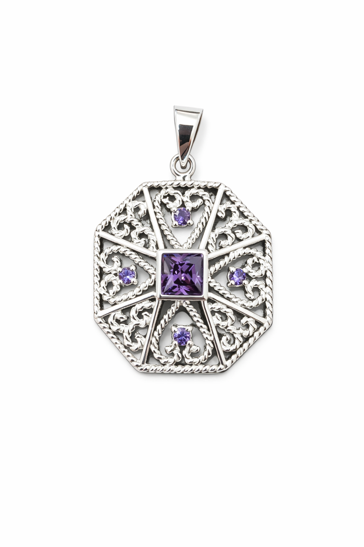 Sterling Silver Amethyst Filigree Pendant – 6mm Square Center & 1mm Accent Stones – 1 Inch Drop – Vintage Style Purple Gemstone Necklace