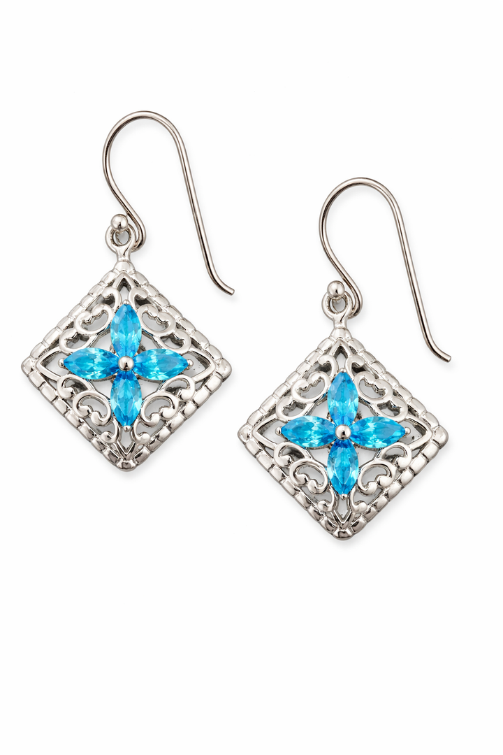 Sterling Silver Blue Topaz Drop Earrings – 1.75 TCW – Four 3x5mm Marquise Stones – 1 Inch Dangle – Vintage Filigree Gemstone Earrings
