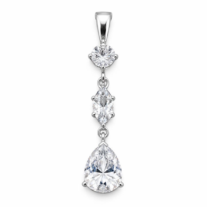 Crystal Pendant Necklace Sterling Silver – 1.5" Drop with Round, Marquise & Pear Crystal Stones on 16" Box Chain