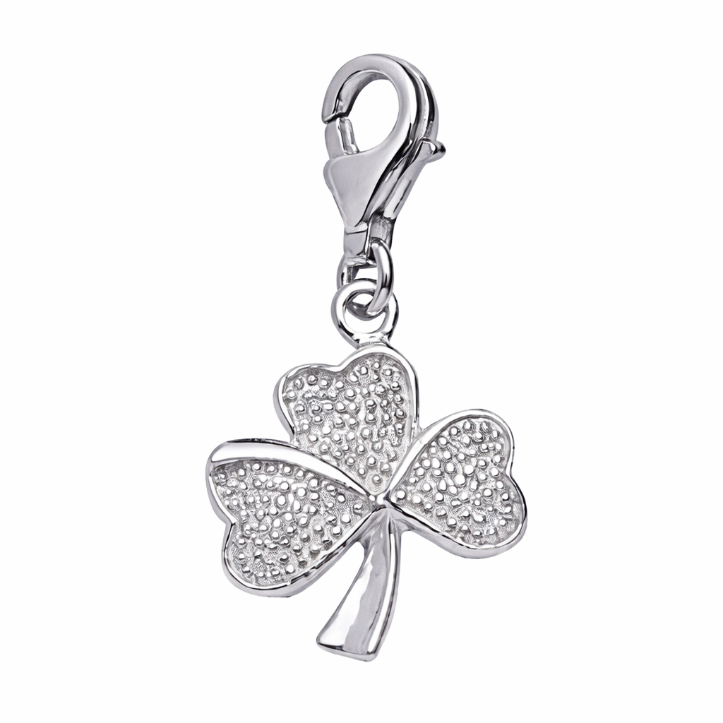 Sterling Silver Shamrock Charm Pendant with Clasp – 1.25 Inch Drop Lucky Clover Jewelry