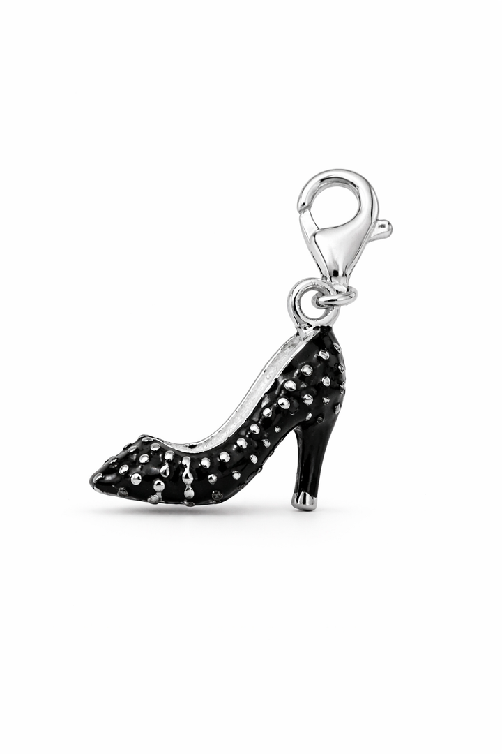 Black Enamel High Heel Shoe Charm with Sterling Silver Lobster Clasp – Fashion Pendant for Bracelets, Necklaces & Keychains