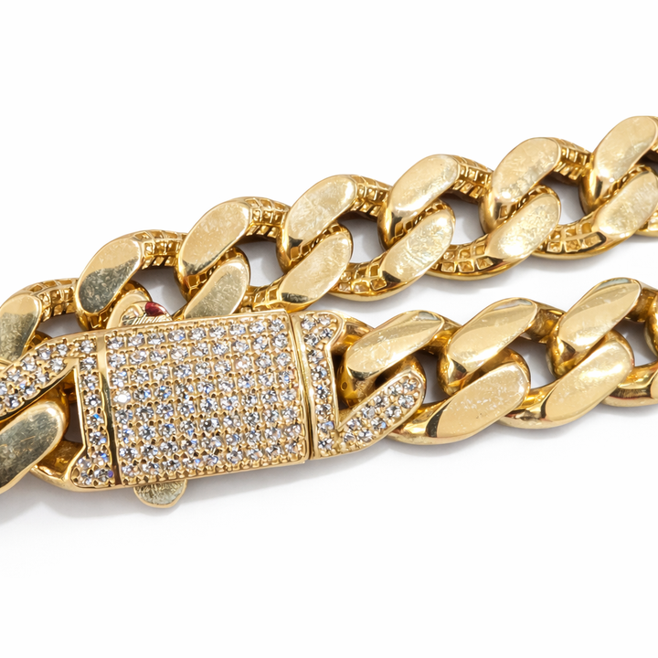 14K Gold Miami Cuban Bracelet with Diamond Simulant Clasp 13 mm