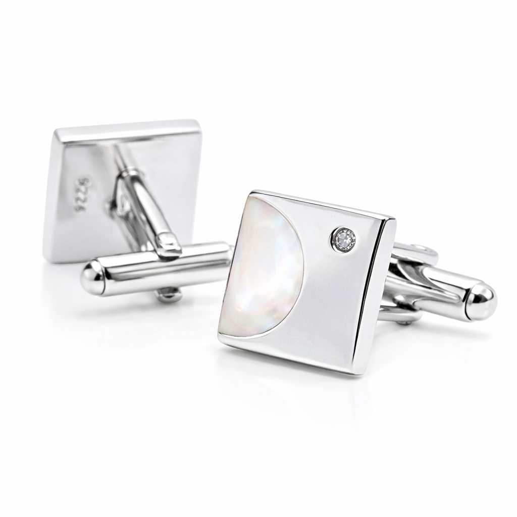 Sterling Silver Mother of Pearl Half-Moon Cufflinks – 0.50 Inch