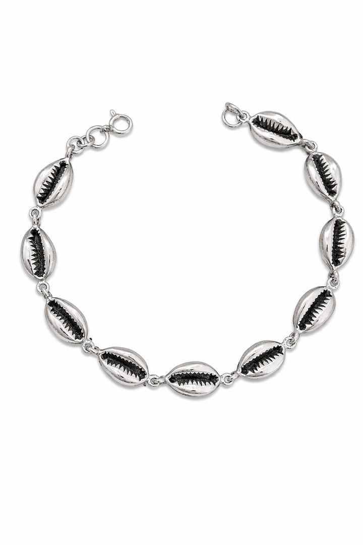 Sterling Silver Cowrie Shell Bracelet – 7 3/4 Inch Polished Coastal Link Bracelet
