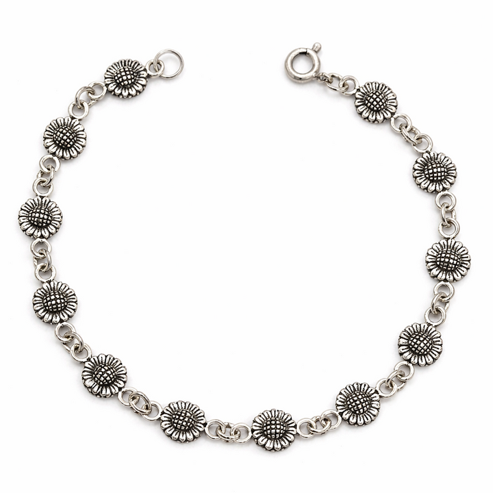 7 1/2 Inch Sterling Silver Sunflower Link Bracelet – Vintage Style Floral Bracelet