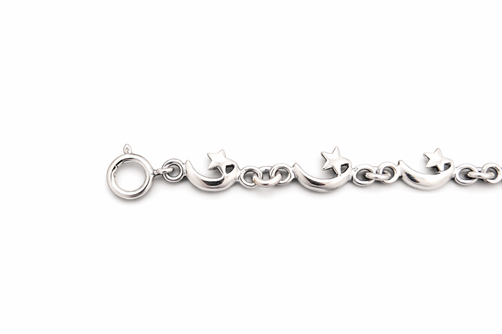 Sterling Silver Crescent Moon and Star Link Bracelet – Celestial Charm Bracelet – 7 1/4 Inch Dainty Moon & Star Jewelry
