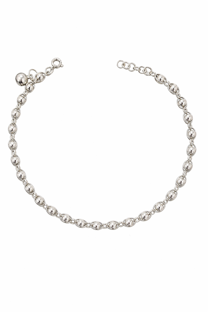 Sterling Silver Beaded Anklet with Jingle Bell Charm – 9" with 1" Extender
