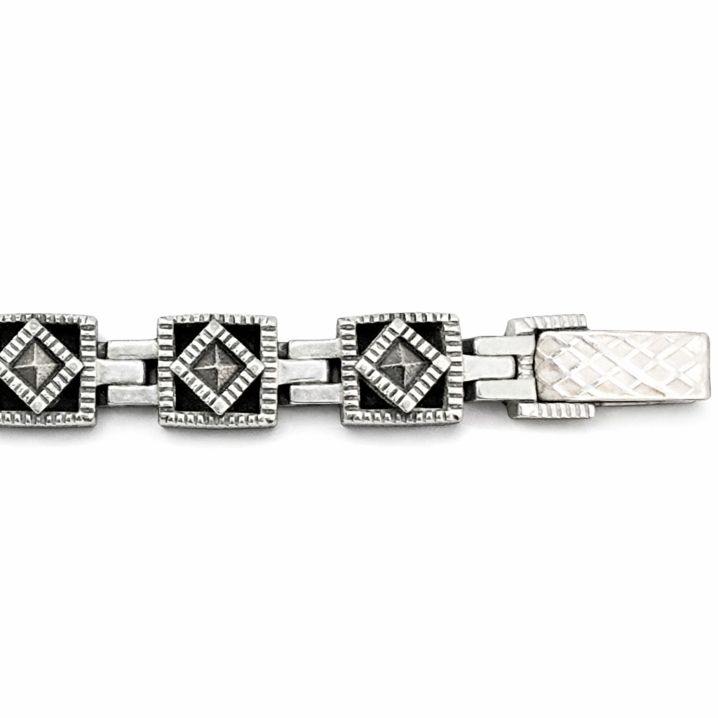 Sterling Silver Marcasite Square Link Bracelet – 7 1/2 Inch Vintage Style Bracelet
