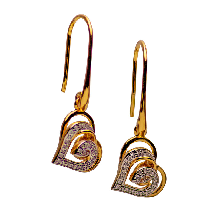 14K Yellow Gold-Plated Sterling Silver Interlocking Heart Dangle Earrings with 48 Cubic Zirconia Stones – 1.15 Inch