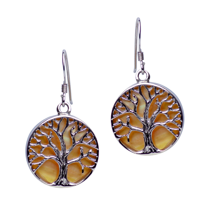 Golden Mother-of-Pearl Tree of Life Sterling Silver Earrings