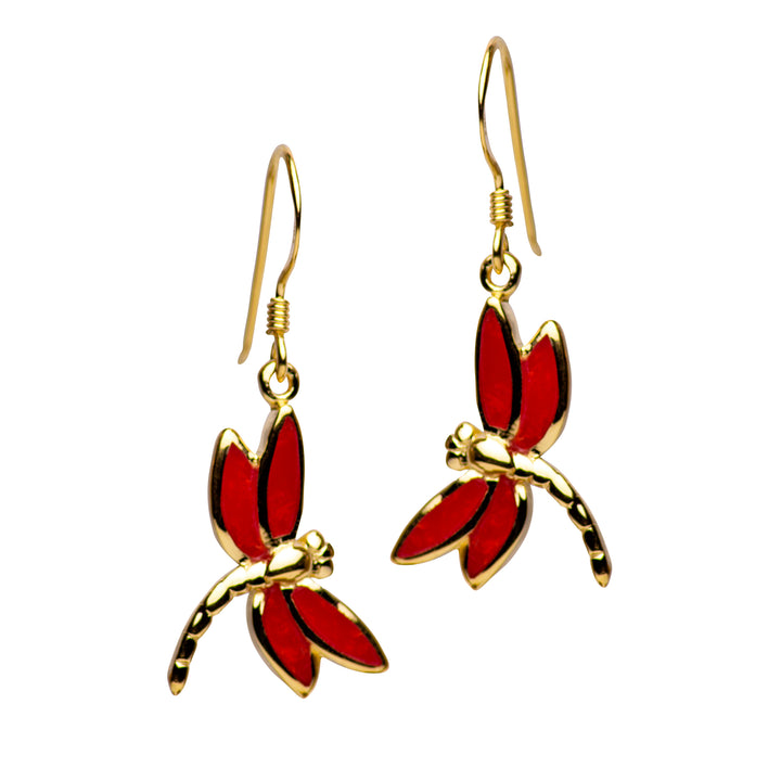 Created Red Coral Dragonfly Drop Earrings in 14K Yellow Gold-Plated Sterling Silver – 1.33 Inch Fishhook Dangle Earrings