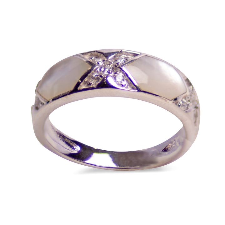 White Mother of Pearl and Cubic Zirconia Ring in Rhodium-Plated Sterling Silver – 15-Stone Geometric Band