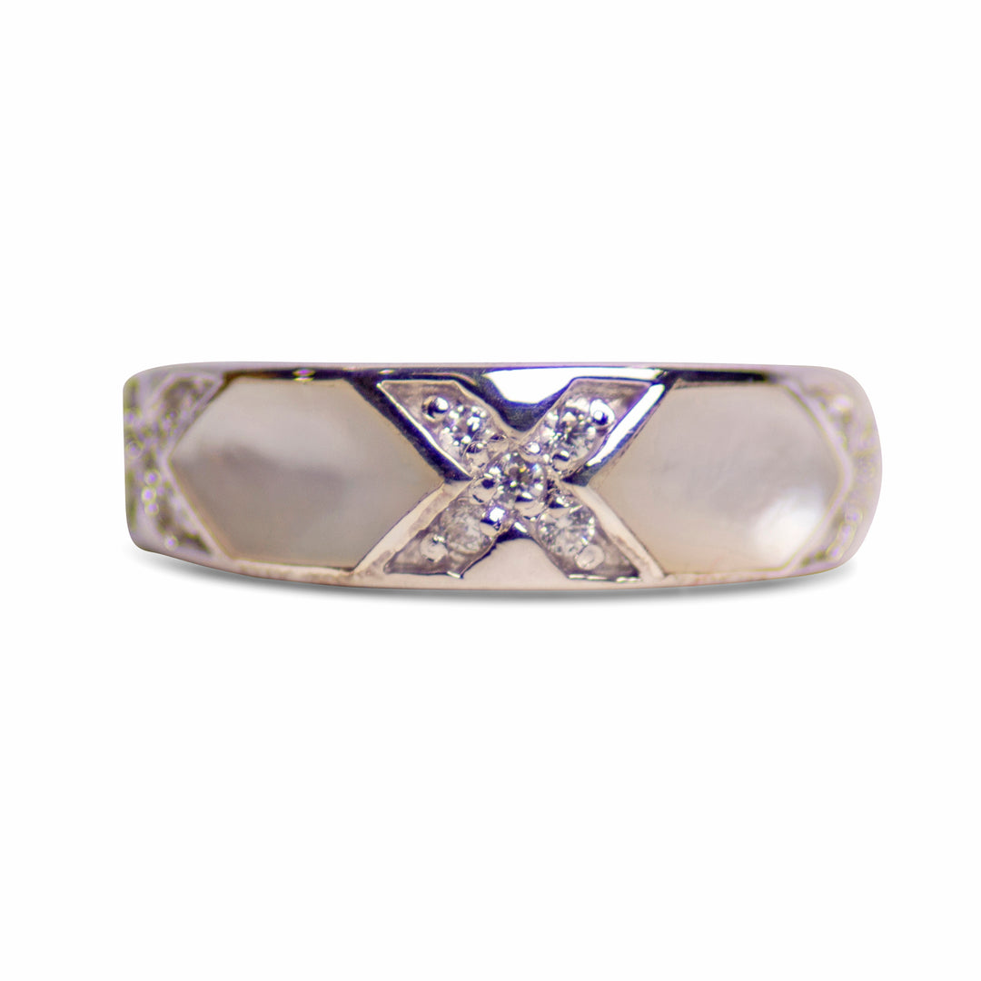 White Mother of Pearl and Cubic Zirconia Ring in Rhodium-Plated Sterling Silver – 15-Stone Geometric Band