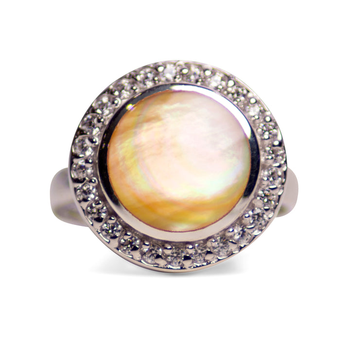 Hand-Cut Gold Mother of Pearl Halo Ring with Diamond Simulants in Rhodium-Plated Sterling Silver – 17 mm