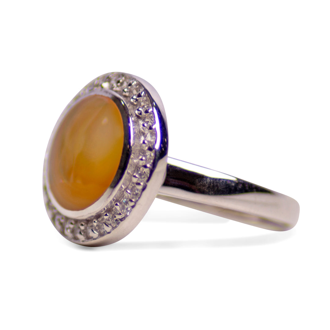 Hand-Cut Gold Mother of Pearl Halo Ring with Diamond Simulants in Rhodium-Plated Sterling Silver – 17 mm