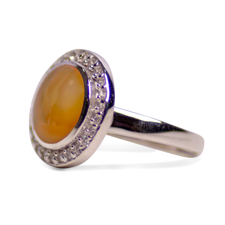 Hand-Cut Gold Mother of Pearl Halo Ring with Diamond Simulants in Rhodium-Plated Sterling Silver – 17 mm