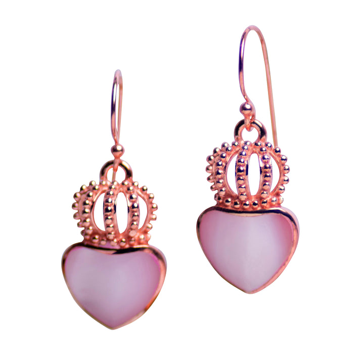 18K Rose Gold Over Sterling Silver Crown & Gold Mother of Pearl Heart Dangle Earrings